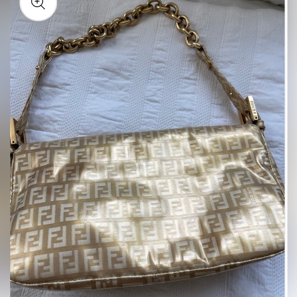 Fendi Baguette Double Flap Bag Zucca FF Canvas Coated Gold Authentic Vintage - Picture 5 of 11